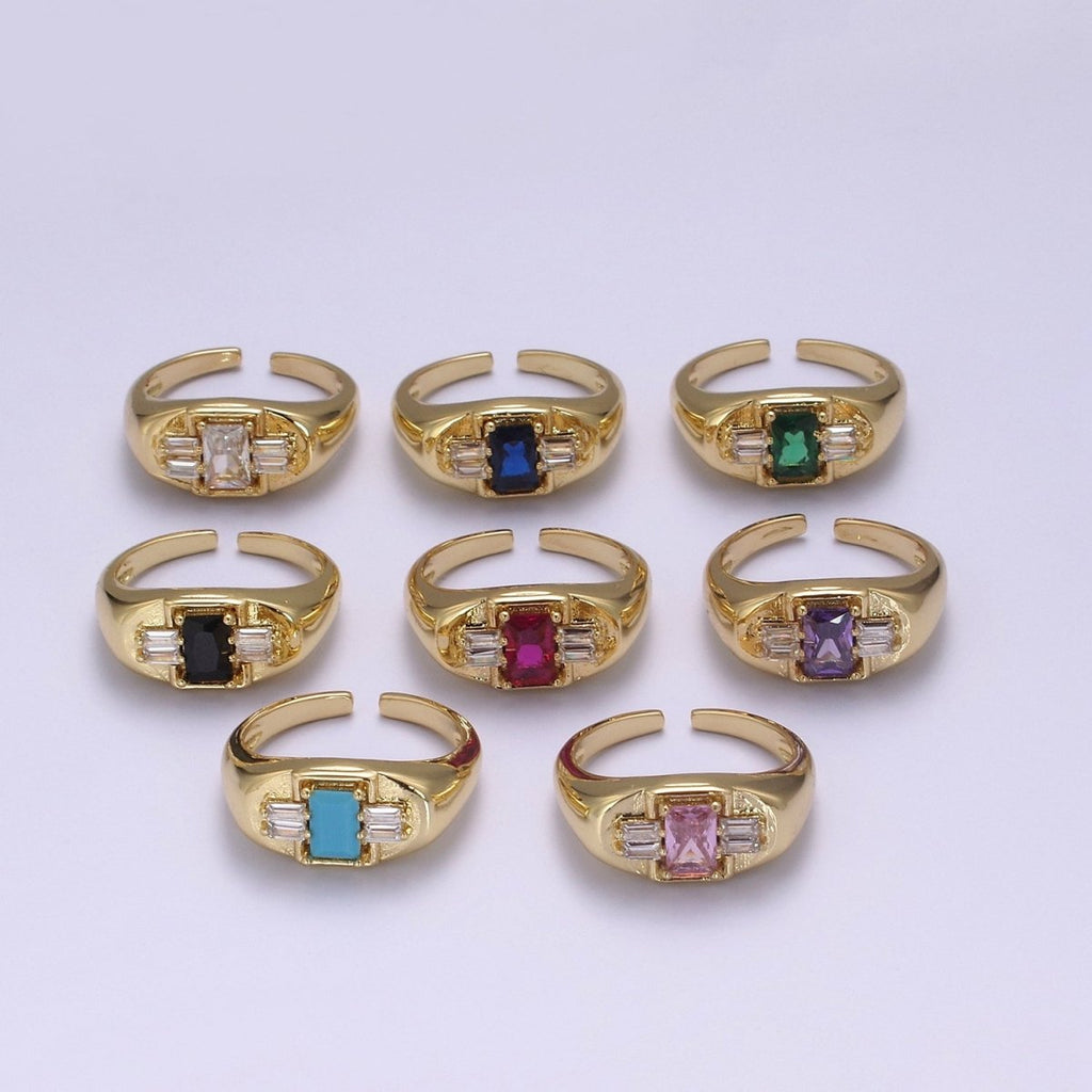 24K Gold plated Multiple Color Crystal Cubic Zirconia CZ Cuff Ring, Minimalist Clear Baguette Signet Adjustable Ring  S-327~S-330 S-335~S-338