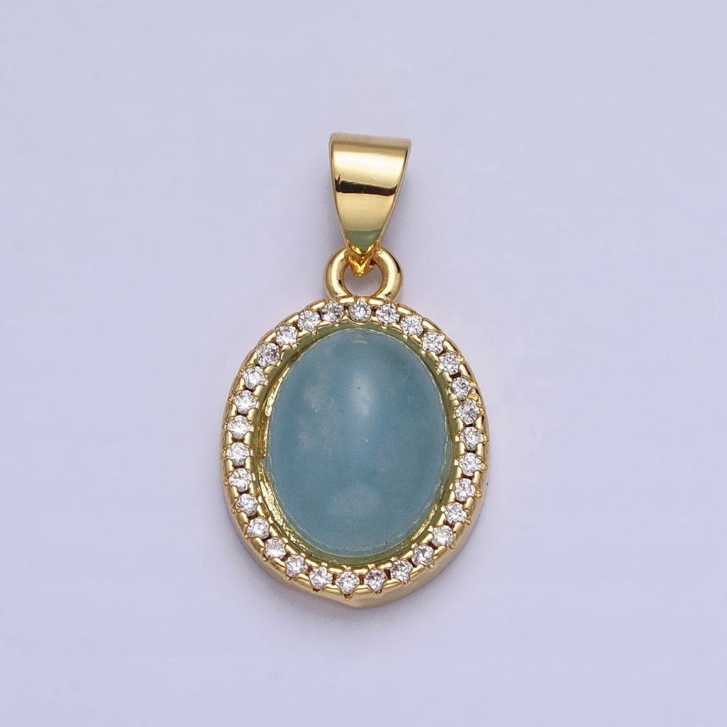 24K Gold plated Natural Blue Agate, Moonstone, Rose Quartz, Amazonite, Amethyst Micro Paved CZ Oval Pendant | AA270 - AA274 - DLUXCA