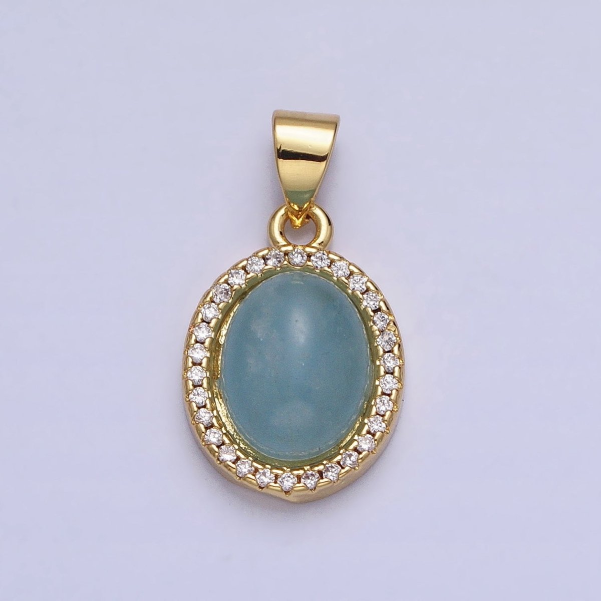24K Gold plated Natural Blue Agate, Moonstone, Rose Quartz, Amazonite, Amethyst Micro Paved CZ Oval Pendant | AA270 - AA274 - DLUXCA