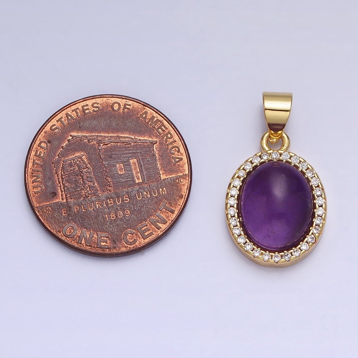 24K Gold plated Natural Blue Agate, Moonstone, Rose Quartz, Amazonite, Amethyst Micro Paved CZ Oval Pendant | AA270 - AA274 - DLUXCA