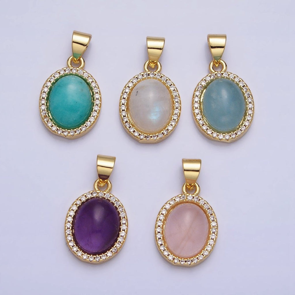 24K Gold plated Natural Blue Agate, Moonstone, Rose Quartz, Amazonite, Amethyst Micro Paved CZ Oval Pendant | AA270 - AA274 - DLUXCA