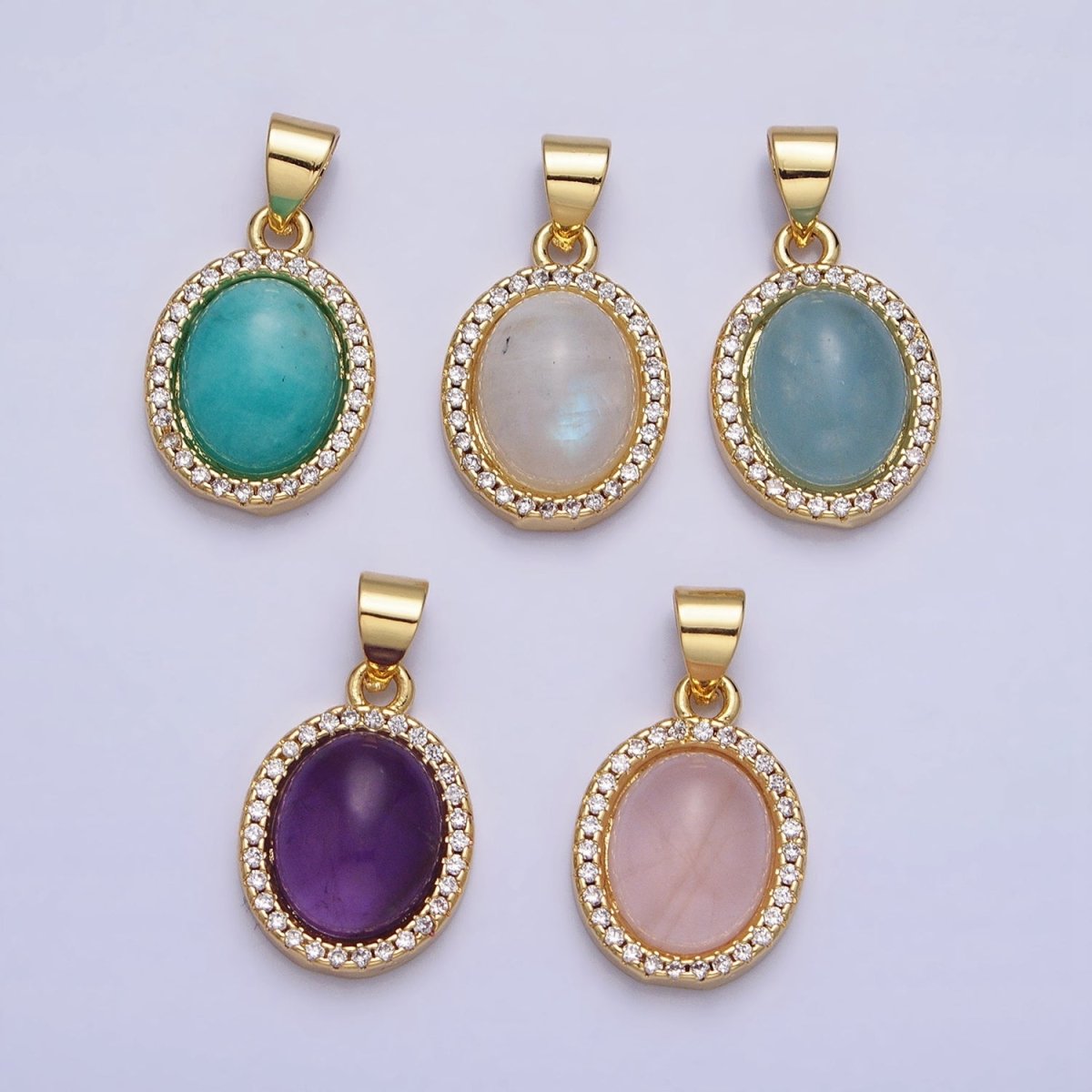 24K Gold plated Natural Blue Agate, Moonstone, Rose Quartz, Amazonite, Amethyst Micro Paved CZ Oval Pendant | AA270 - AA274 - DLUXCA