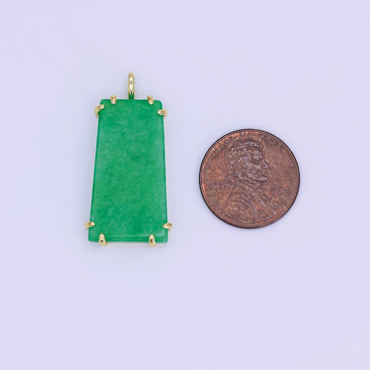 24K Gold plated Natural Green Jade Rectangular Claw Drop Pendant | AA1482 - DLUXCA
