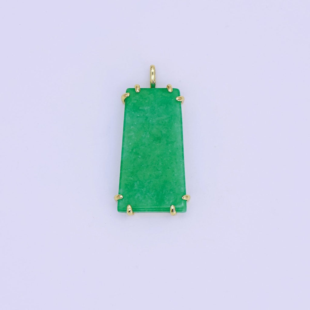 24K Gold plated Natural Green Jade Rectangular Claw Drop Pendant | AA1482 - DLUXCA