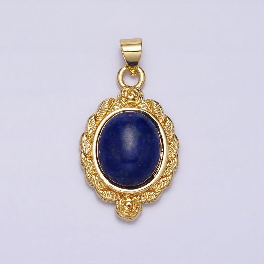24k Gold plated Natural Stone Lapiz Lazuli, Malachite Charms, Gold Oval Cabochon Pendant with Flower Frame AA286 AA287