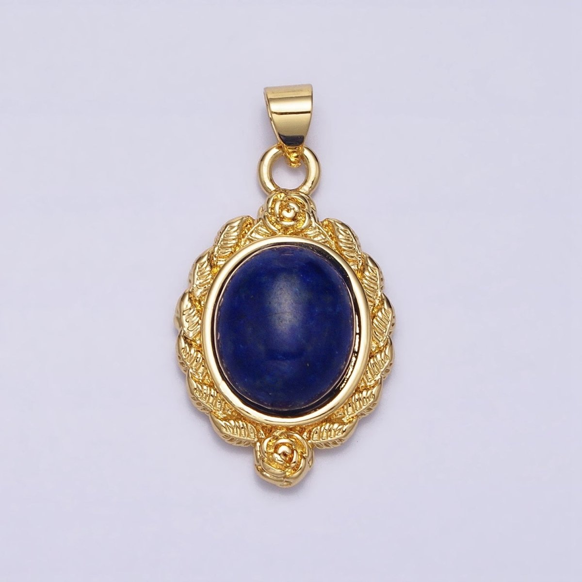 24k Gold plated Natural Stone Lapiz Lazuli, Malachite Charms, Gold Oval Cabochon Pendant with Flower Frame AA286 AA287