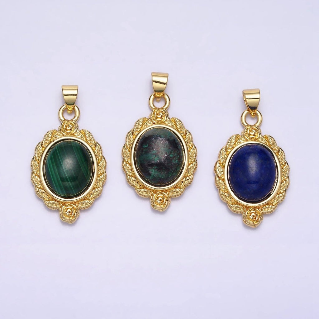 24k Gold plated Natural Stone Lapiz Lazuli, Malachite Charms, Gold Oval Cabochon Pendant with Flower Frame AA286 AA287