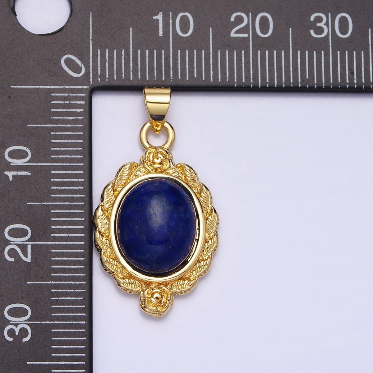 24k Gold plated Natural Stone Lapiz Lazuli, Malachite Charms, Gold Oval Cabochon Pendant with Flower Frame AA286 AA287