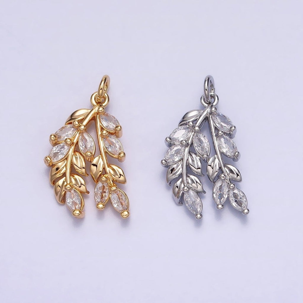 24K Gold plated Nature Double Marquise Clear Olive Leaf Plant Add-On Charm | AC602 AC625 - DLUXCA