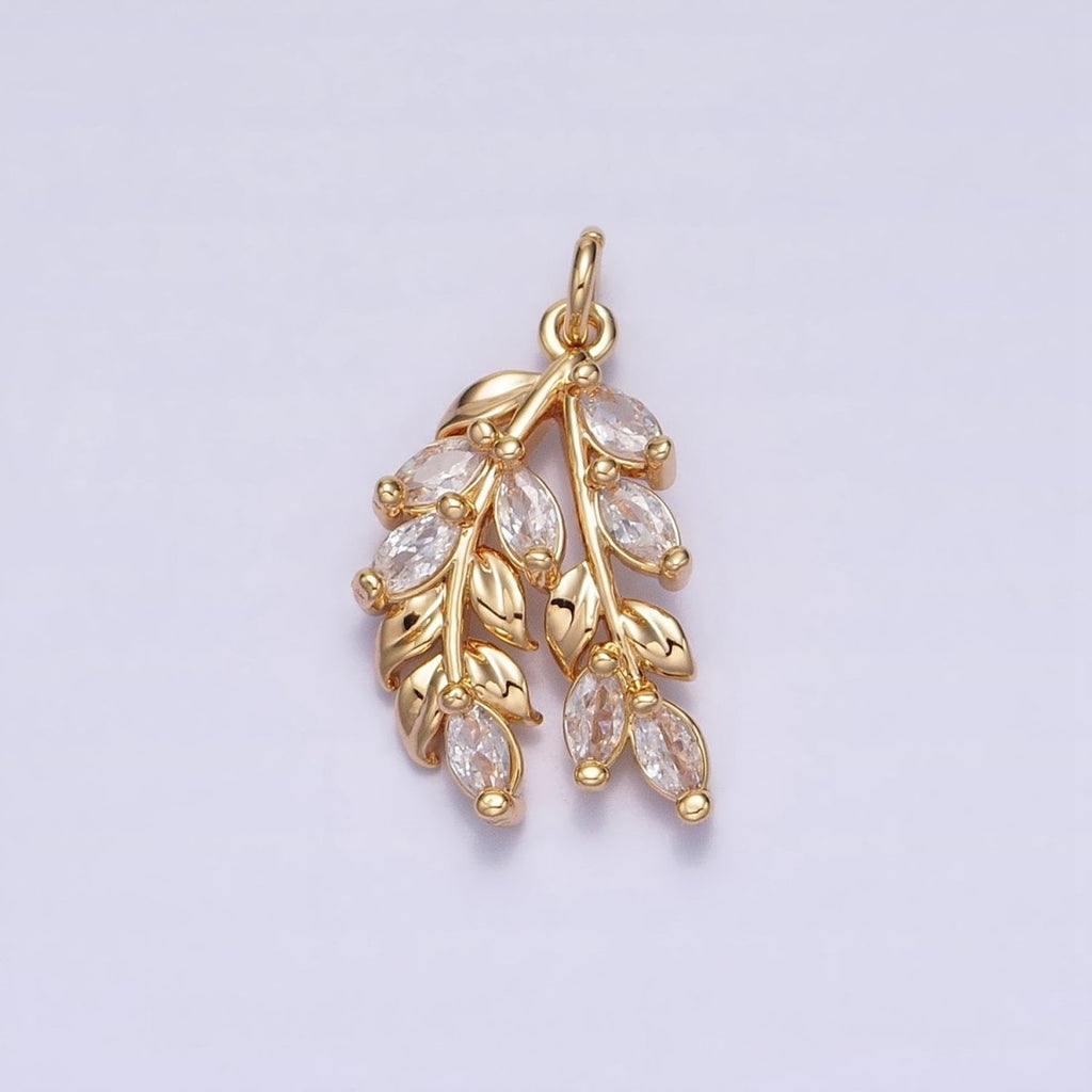 24K Gold plated Nature Double Marquise Clear Olive Leaf Plant Add-On Charm | AC602 AC625 - DLUXCA
