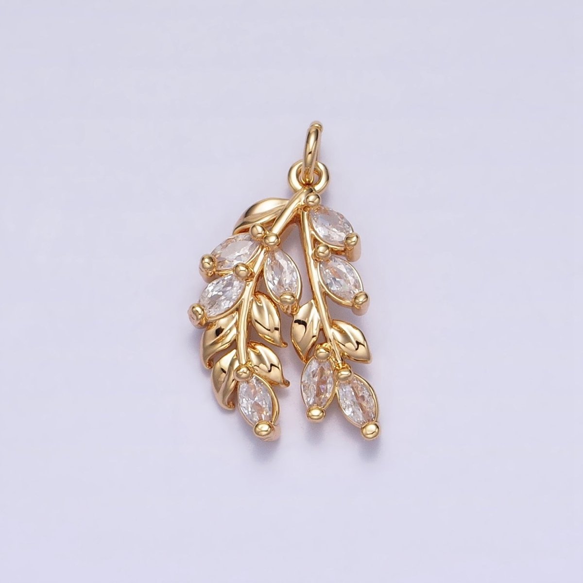 24K Gold plated Nature Double Marquise Clear Olive Leaf Plant Add-On Charm | AC602 AC625 - DLUXCA