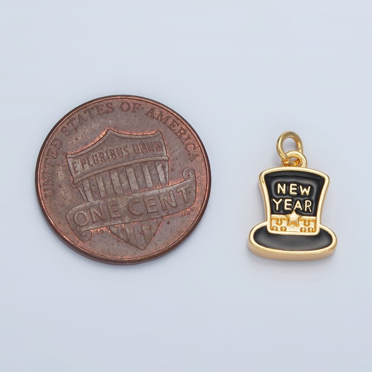 24K Gold plated "New Year" Script Black Enamel Top Hat Charm in Gold & Silver | N862