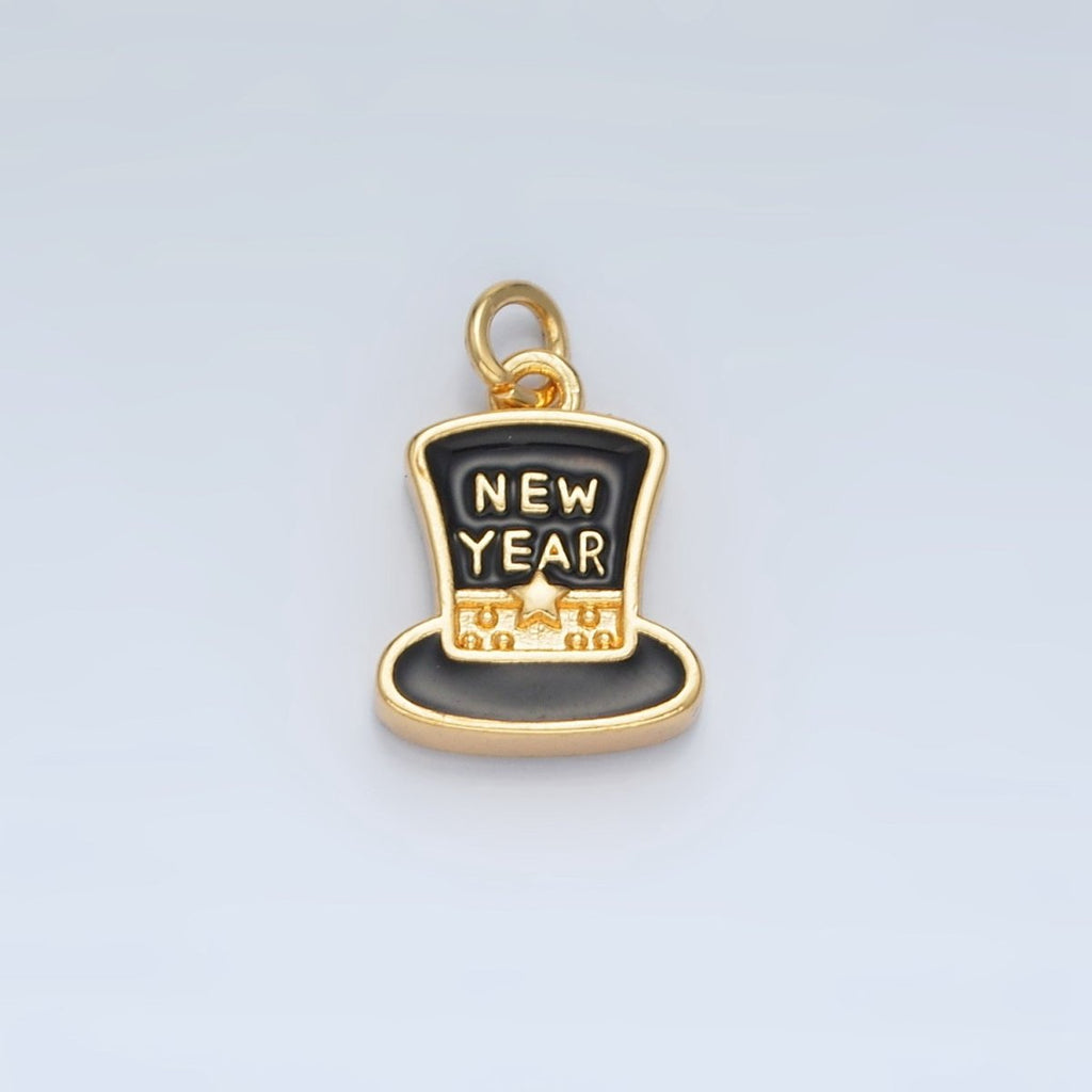 24K Gold plated "New Year" Script Black Enamel Top Hat Charm in Gold & Silver | N862