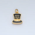 24K Gold plated "New Year" Script Black Enamel Top Hat Charm in Gold & Silver | N862