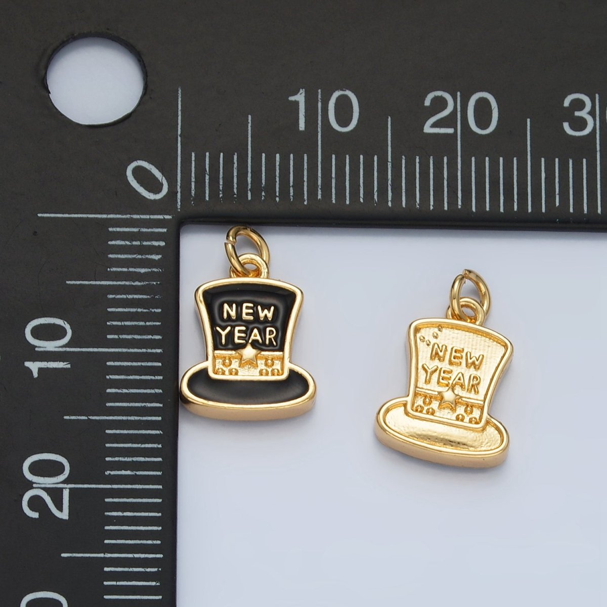 24K Gold plated "New Year" Script Black Enamel Top Hat Charm in Gold & Silver | N862