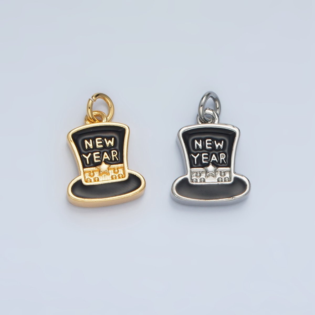 24K Gold plated "New Year" Script Black Enamel Top Hat Charm in Gold & Silver | N862