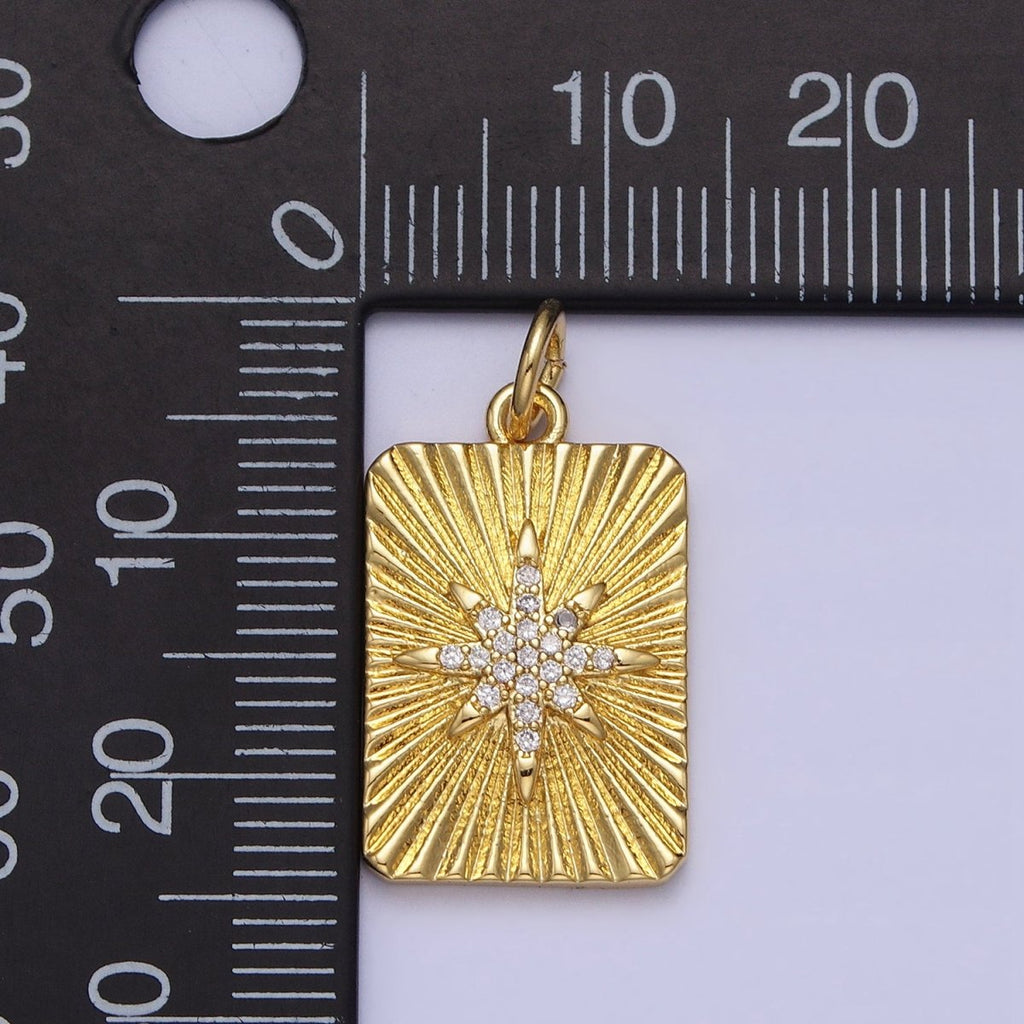 24K Gold plated North Star Celestial Clear CZ Micro Paved Sunburst Textured Tag Charm | AC360 - DLUXCA