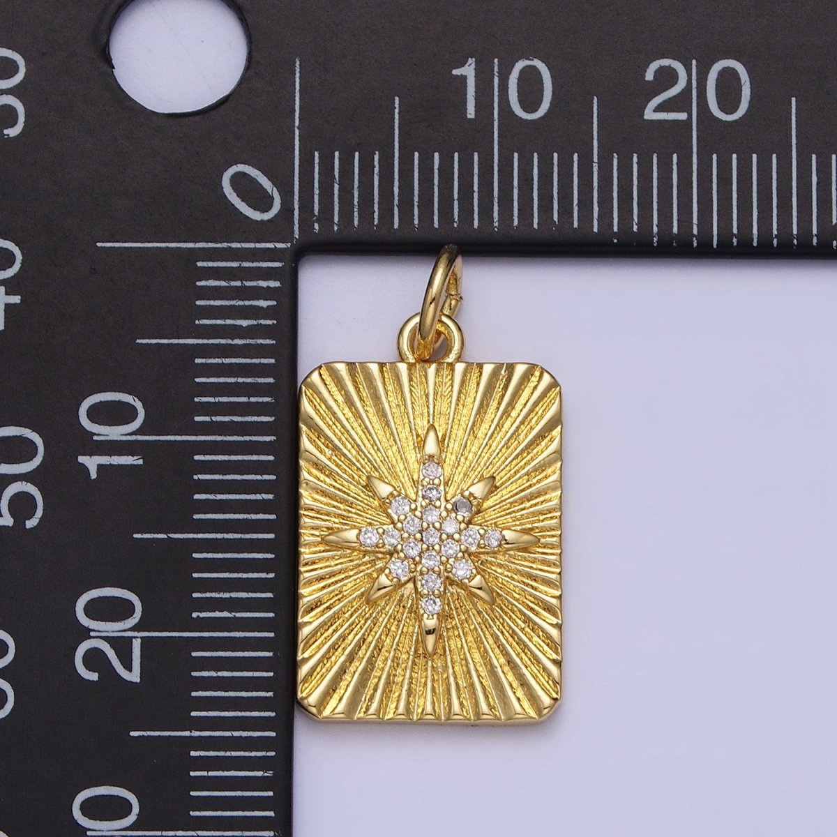 24K Gold plated North Star Celestial Clear CZ Micro Paved Sunburst Textured Tag Charm | AC360 - DLUXCA