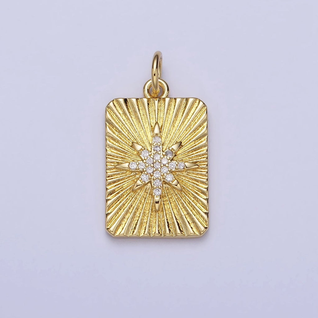 24K Gold plated North Star Celestial Clear CZ Micro Paved Sunburst Textured Tag Charm | AC360 - DLUXCA