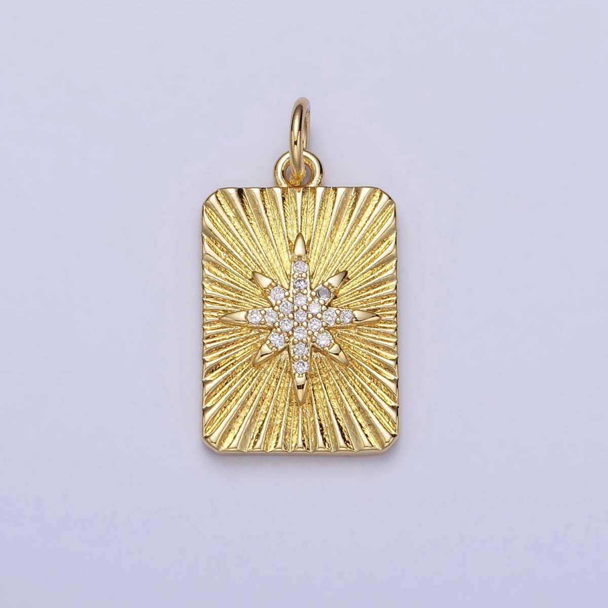 24K Gold plated North Star Celestial Clear CZ Micro Paved Sunburst Textured Tag Charm | AC360 - DLUXCA