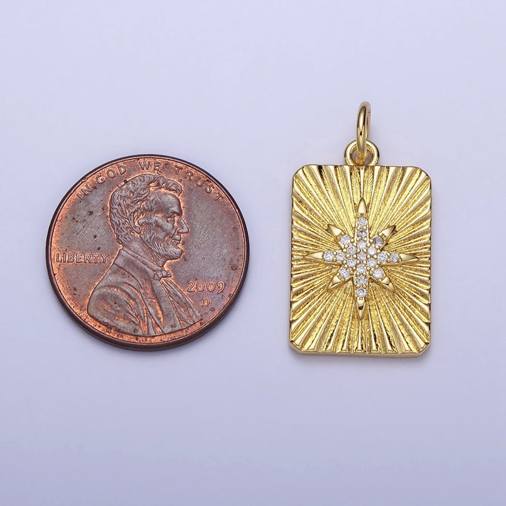 24K Gold plated North Star Celestial Clear CZ Micro Paved Sunburst Textured Tag Charm | AC360 - DLUXCA