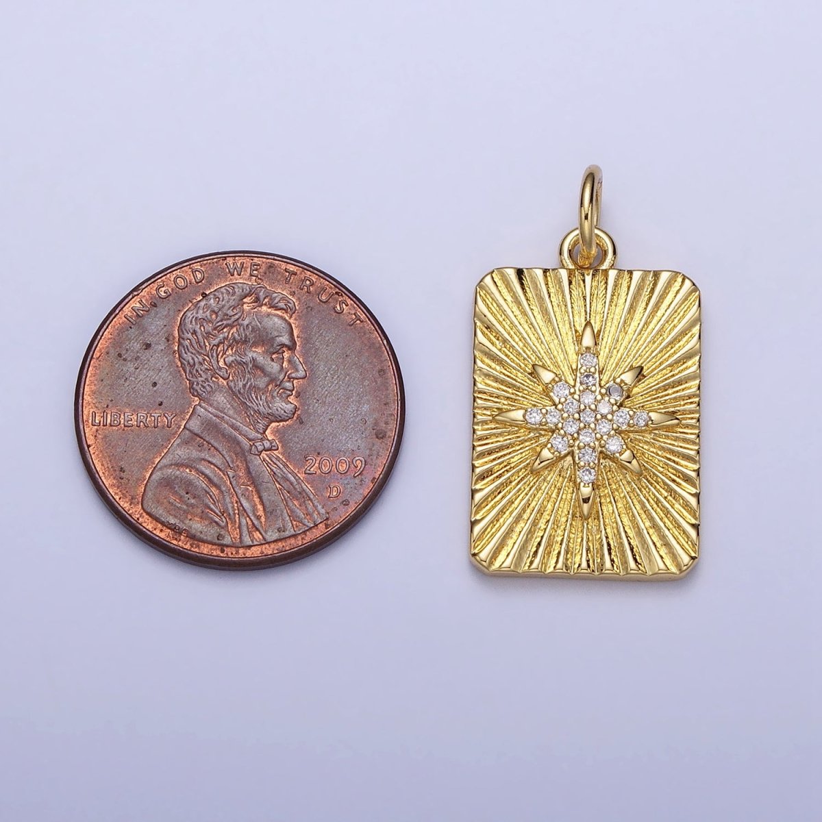 24K Gold plated North Star Celestial Clear CZ Micro Paved Sunburst Textured Tag Charm | AC360 - DLUXCA