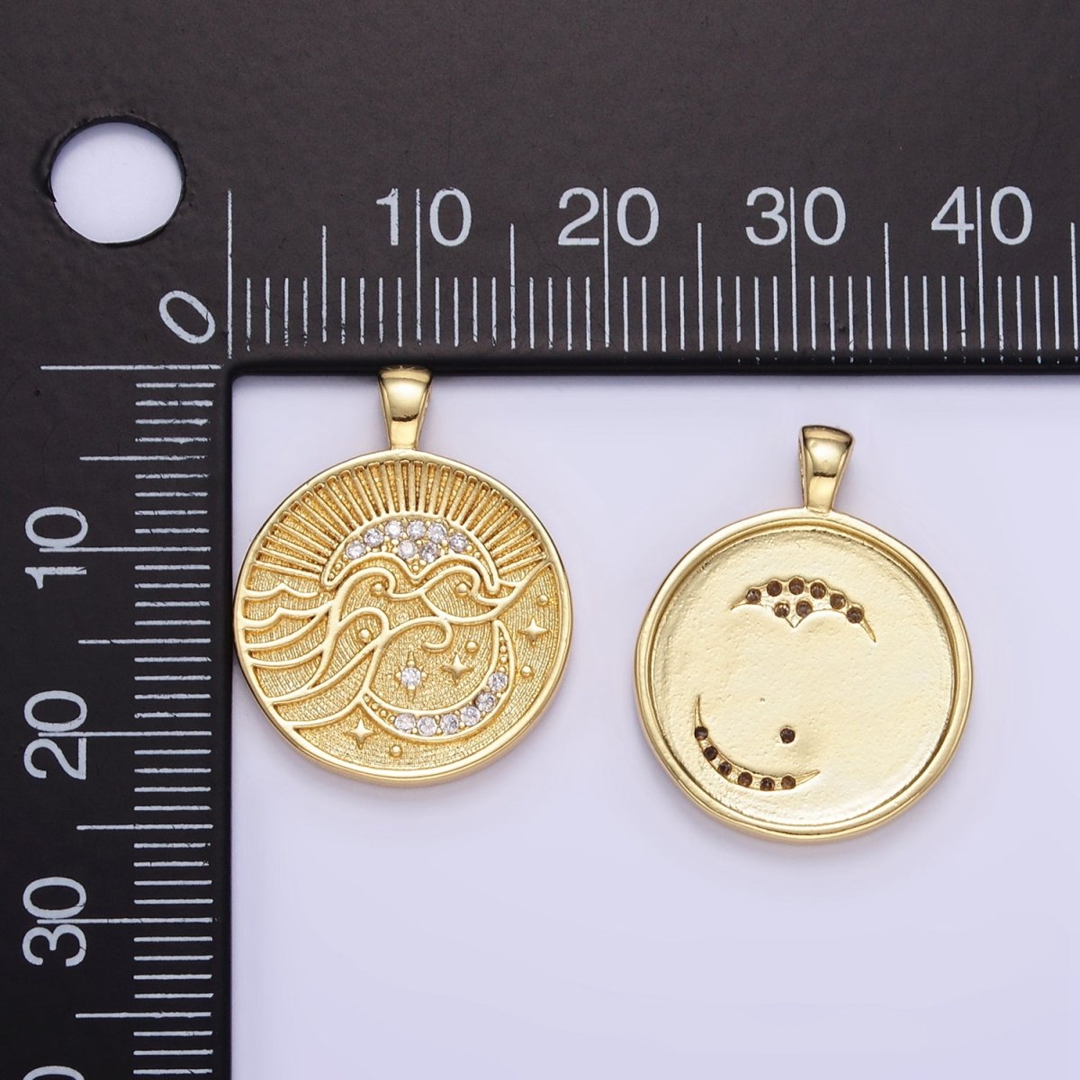 24K Gold plated Ocean Waves Celestial Moon Micro Paved CZ Round Pendant | AA1354 - DLUXCA