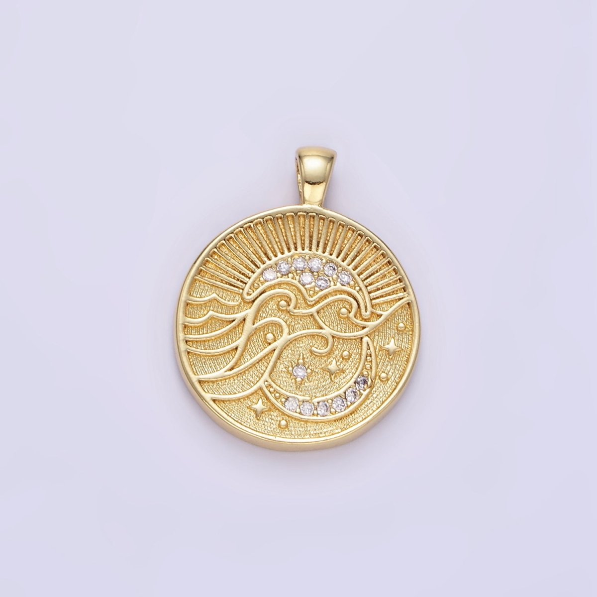 24K Gold plated Ocean Waves Celestial Moon Micro Paved CZ Round Pendant | AA1354 - DLUXCA