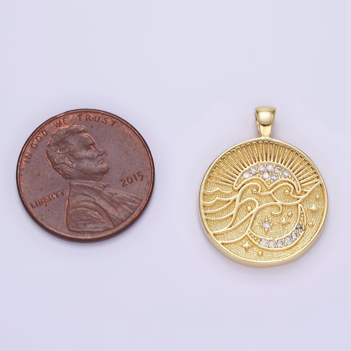 24K Gold plated Ocean Waves Celestial Moon Micro Paved CZ Round Pendant | AA1354 - DLUXCA