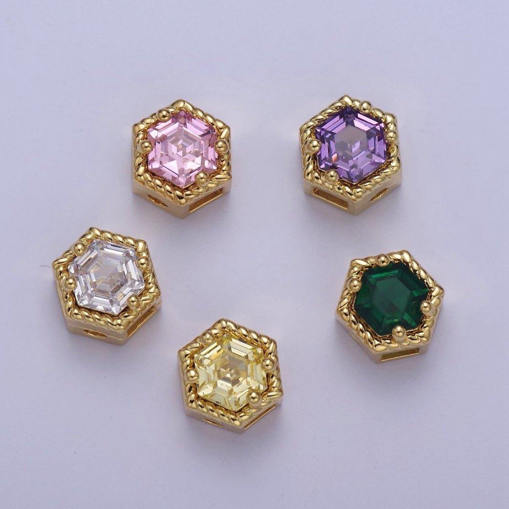 24K Gold plated Octagon Bead Spacer CZ Micro Pave Geometric Bead Connector Charm Bracelet Necklace for DIY Jewelry Making Supply B-337 - B-341 - DLUXCA