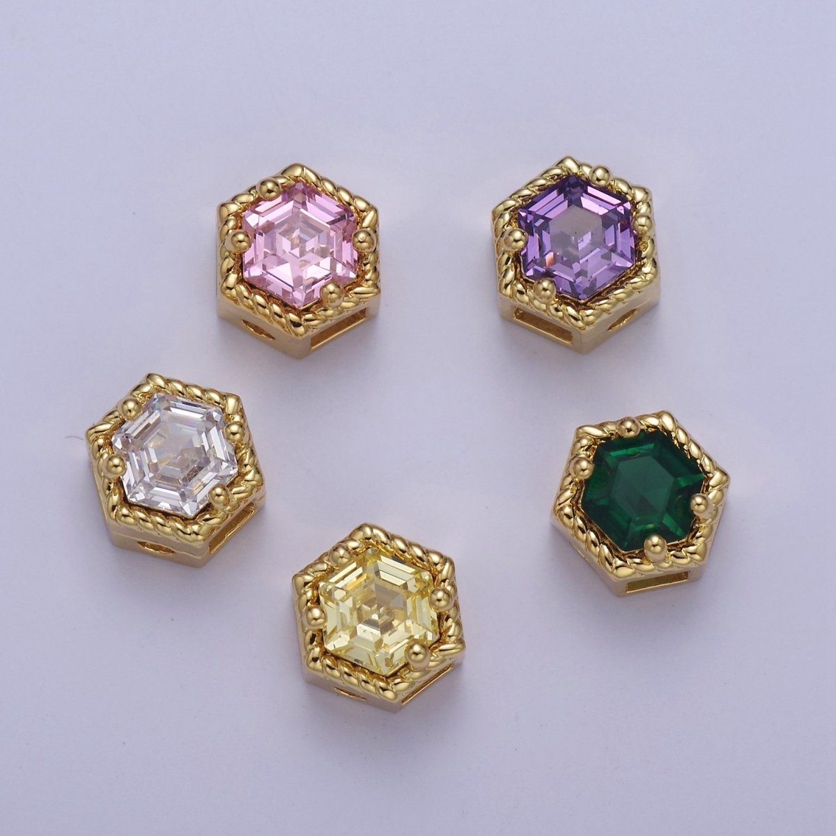 24K Gold plated Octagon Bead Spacer CZ Micro Pave Geometric Bead Connector Charm Bracelet Necklace for DIY Jewelry Making Supply B-337 - B-341 - DLUXCA