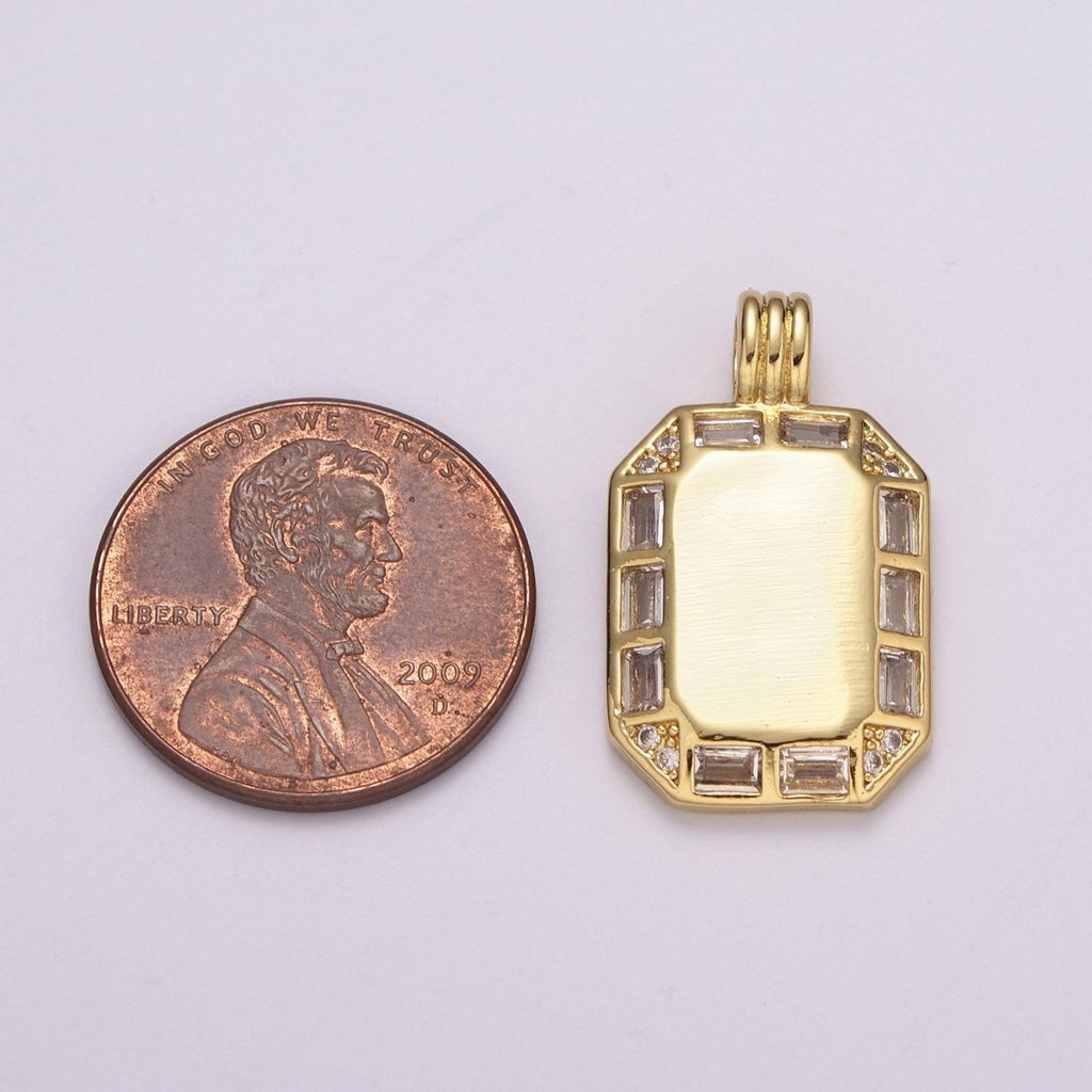 24K gold plated Octagon pendant necklace, Dainty tag, rectangular Baguette Cz Charm for Layer Necklace Supply N-1451 - DLUXCA