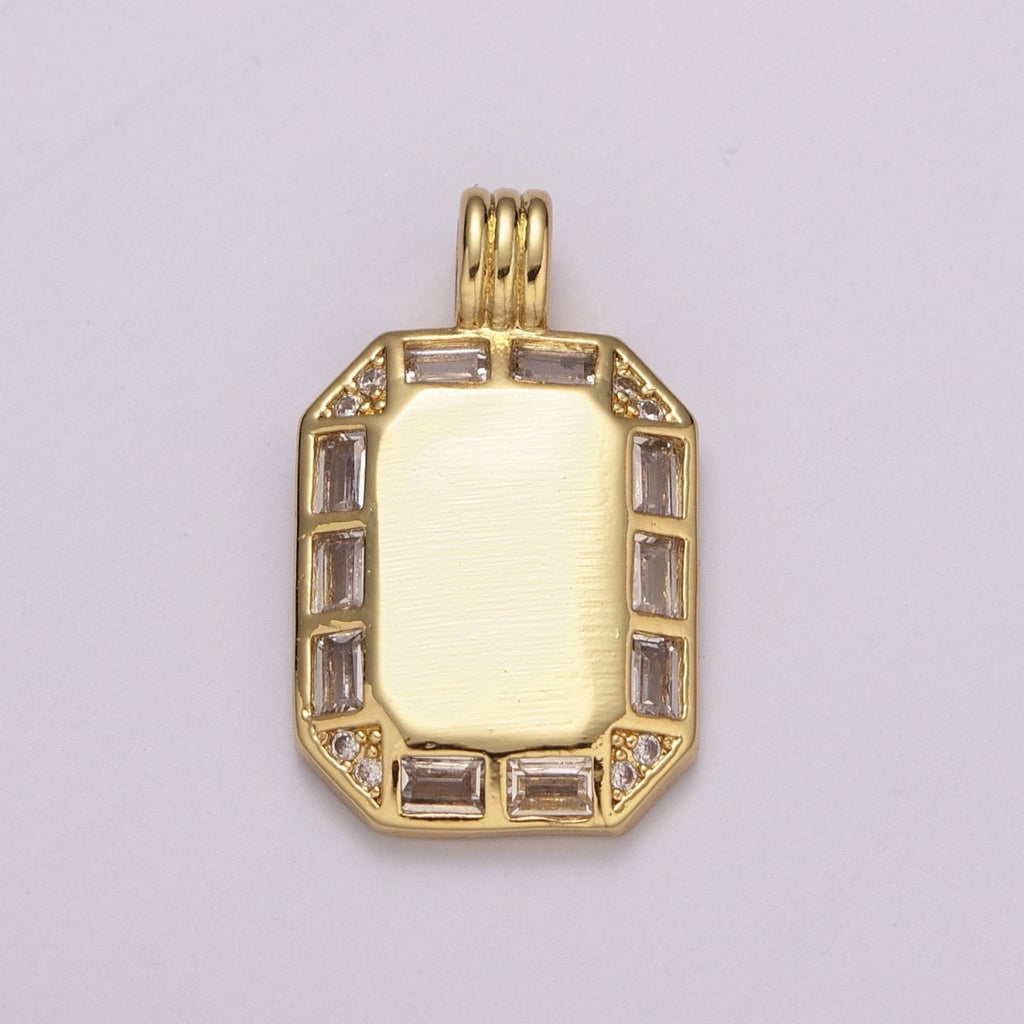 24K gold plated Octagon pendant necklace, Dainty tag, rectangular Baguette Cz Charm for Layer Necklace Supply N-1451 - DLUXCA