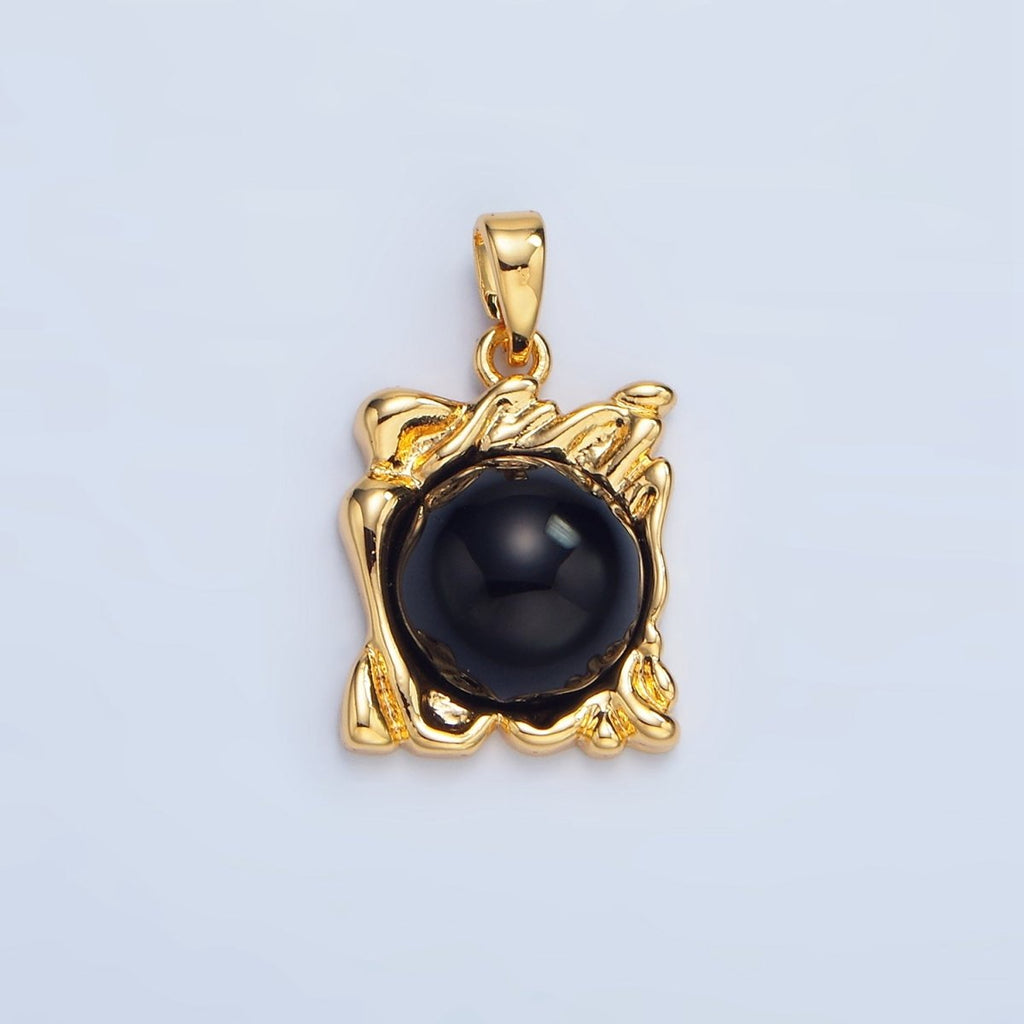 24K Gold plated Onyx Gemstone Molten Drip Square Pendant in Gold & Silver | AA985