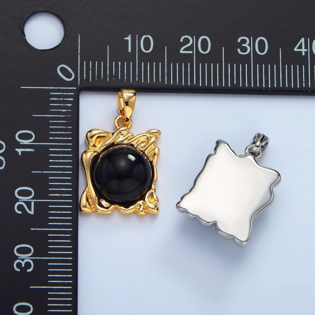24K Gold plated Onyx Gemstone Molten Drip Square Pendant in Gold & Silver | AA985