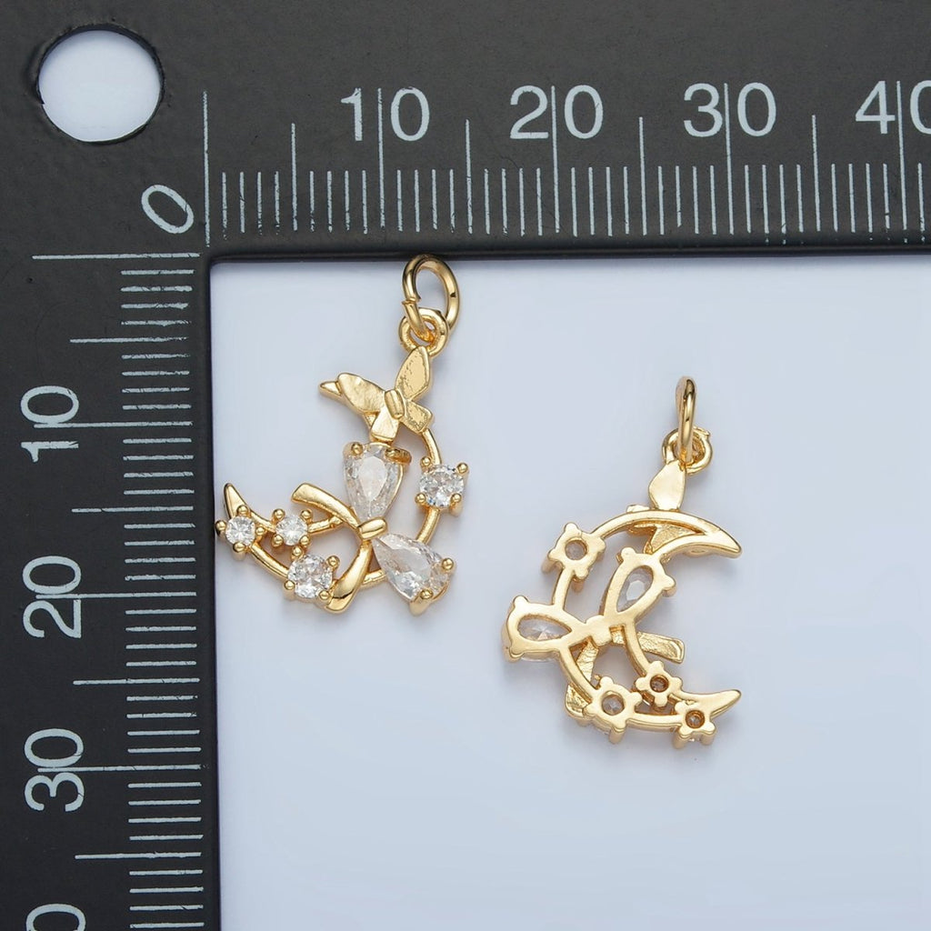 24K Gold plated Open Celestial Crescent Moon Ribbon Bow Butterfly CZ Charm | N1411 - DLUXCA