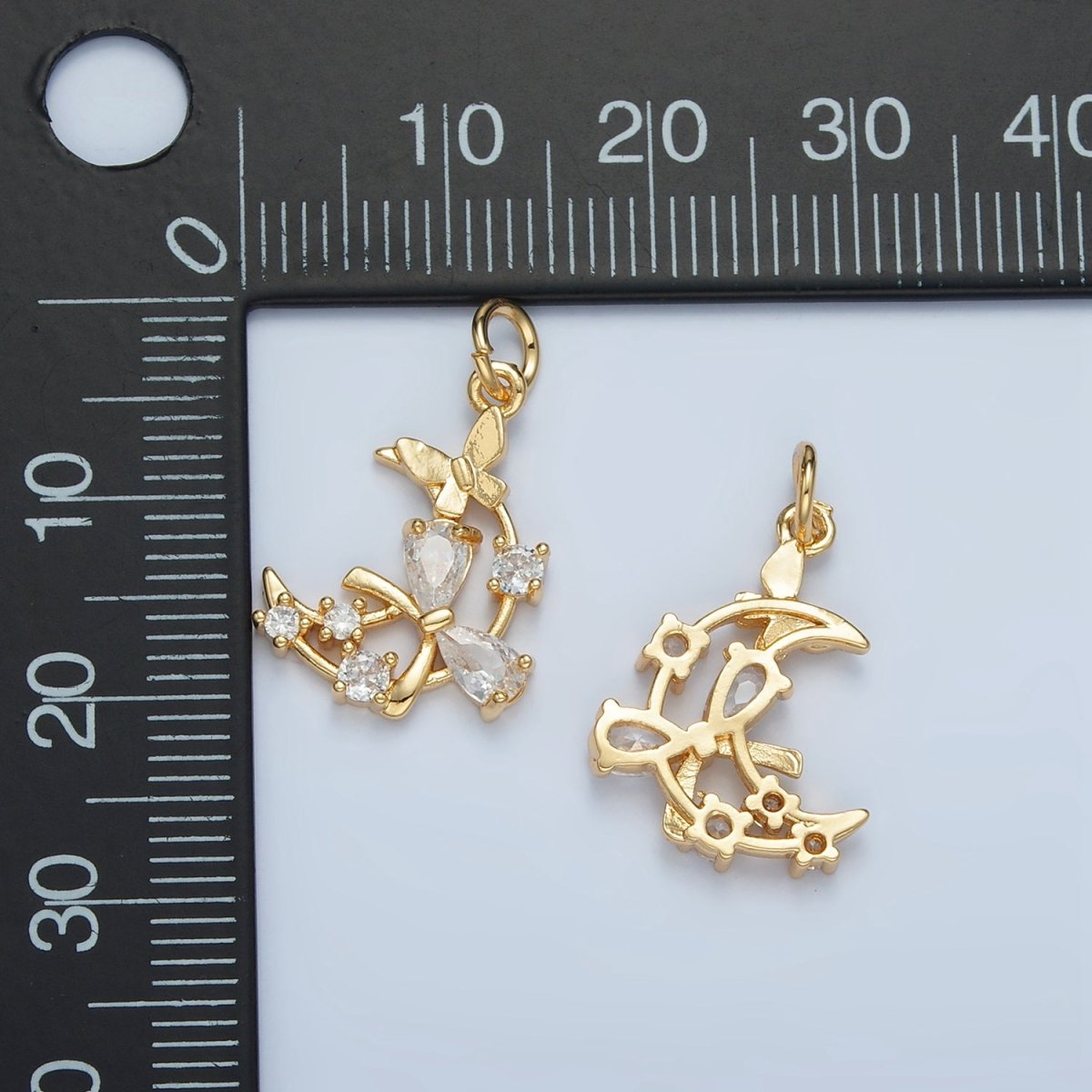 24K Gold plated Open Celestial Crescent Moon Ribbon Bow Butterfly CZ Charm | N1411 - DLUXCA