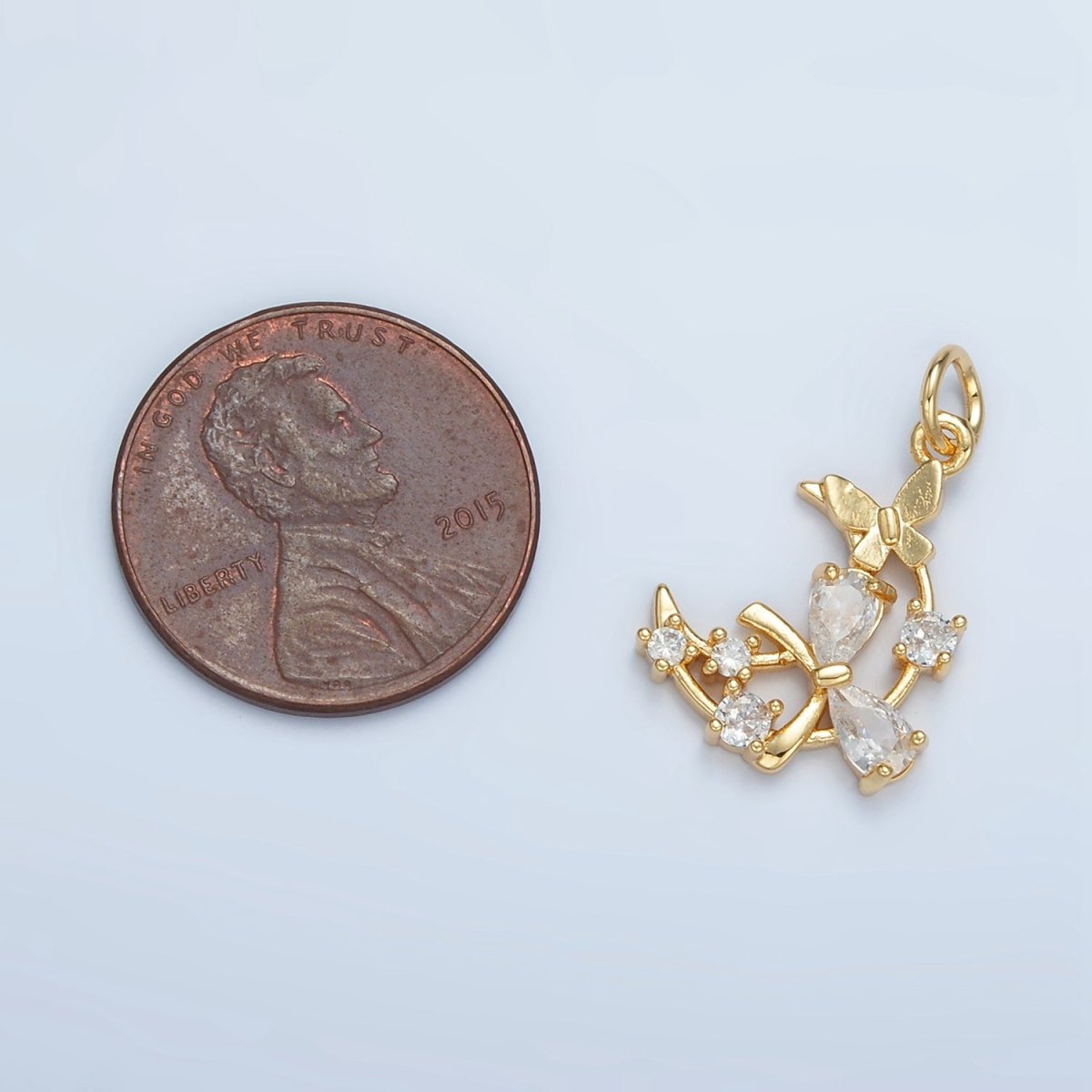24K Gold plated Open Celestial Crescent Moon Ribbon Bow Butterfly CZ Charm | N1411 - DLUXCA