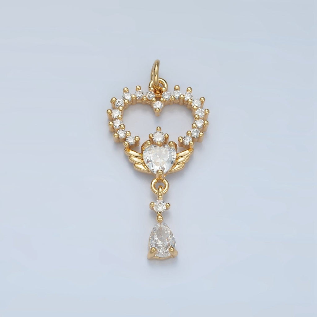24K Gold plated Open Clear CZ Heart Wings Teardrop Drop Charm | E689 - DLUXCA