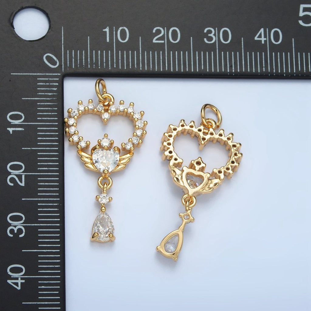 24K Gold plated Open Clear CZ Heart Wings Teardrop Drop Charm | E689 - DLUXCA