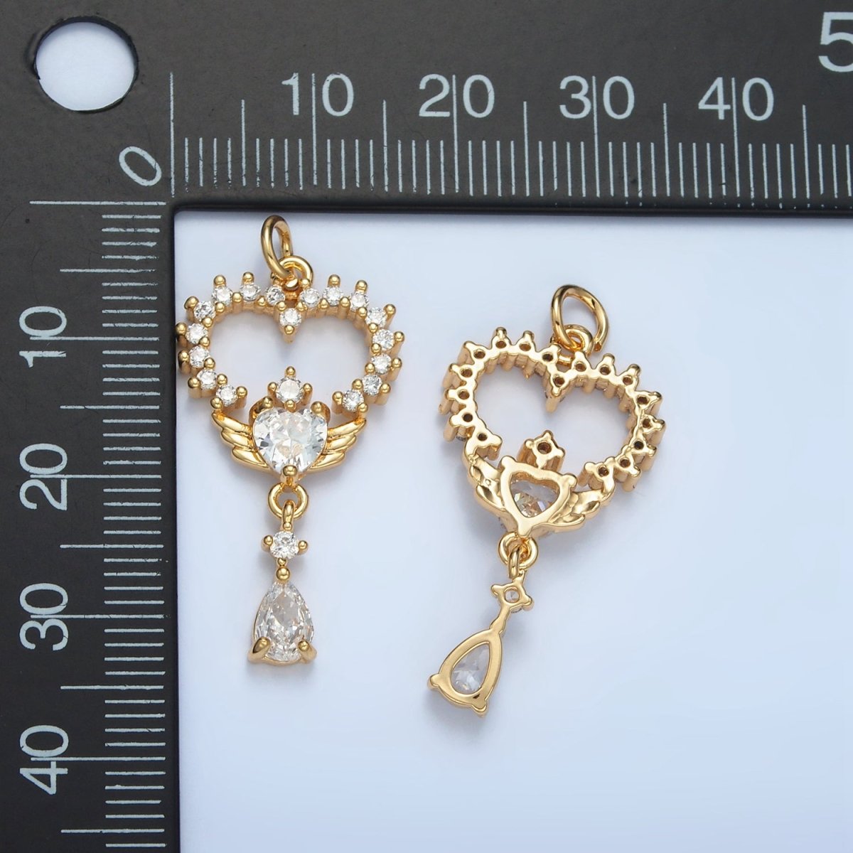 24K Gold plated Open Clear CZ Heart Wings Teardrop Drop Charm | E689 - DLUXCA