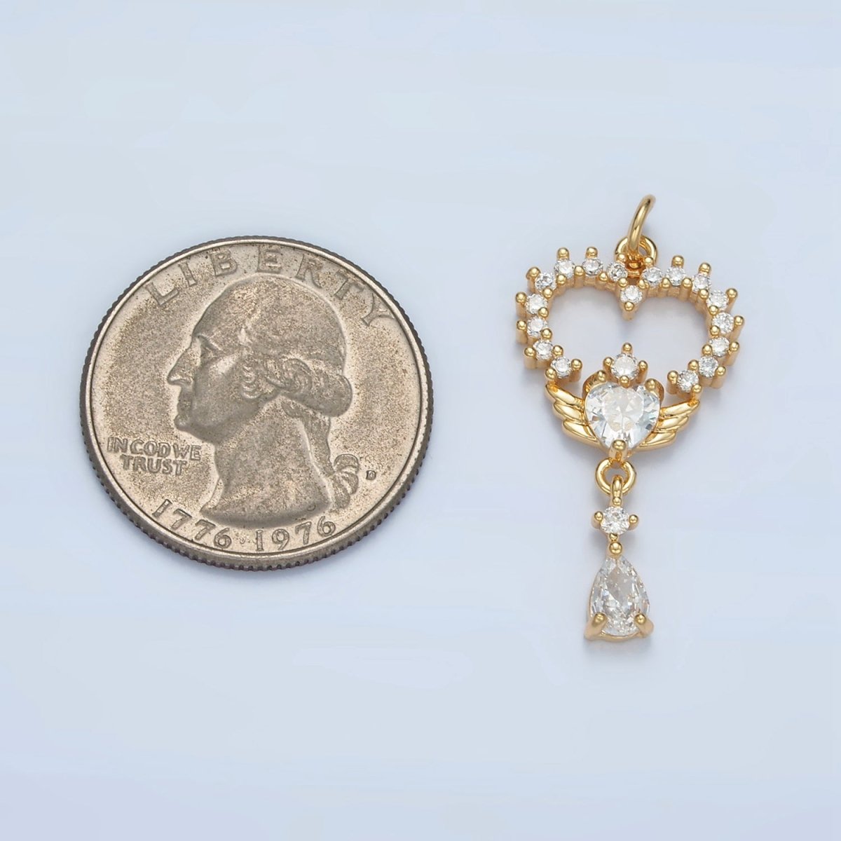 24K Gold plated Open Clear CZ Heart Wings Teardrop Drop Charm | E689 - DLUXCA