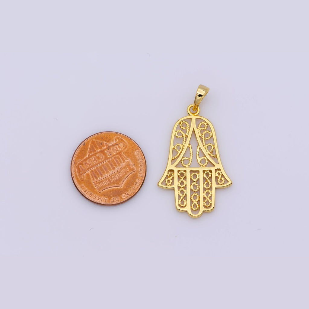 24K Gold plated Open Filigree Hamsa Hand Pendant | I679 - DLUXCA