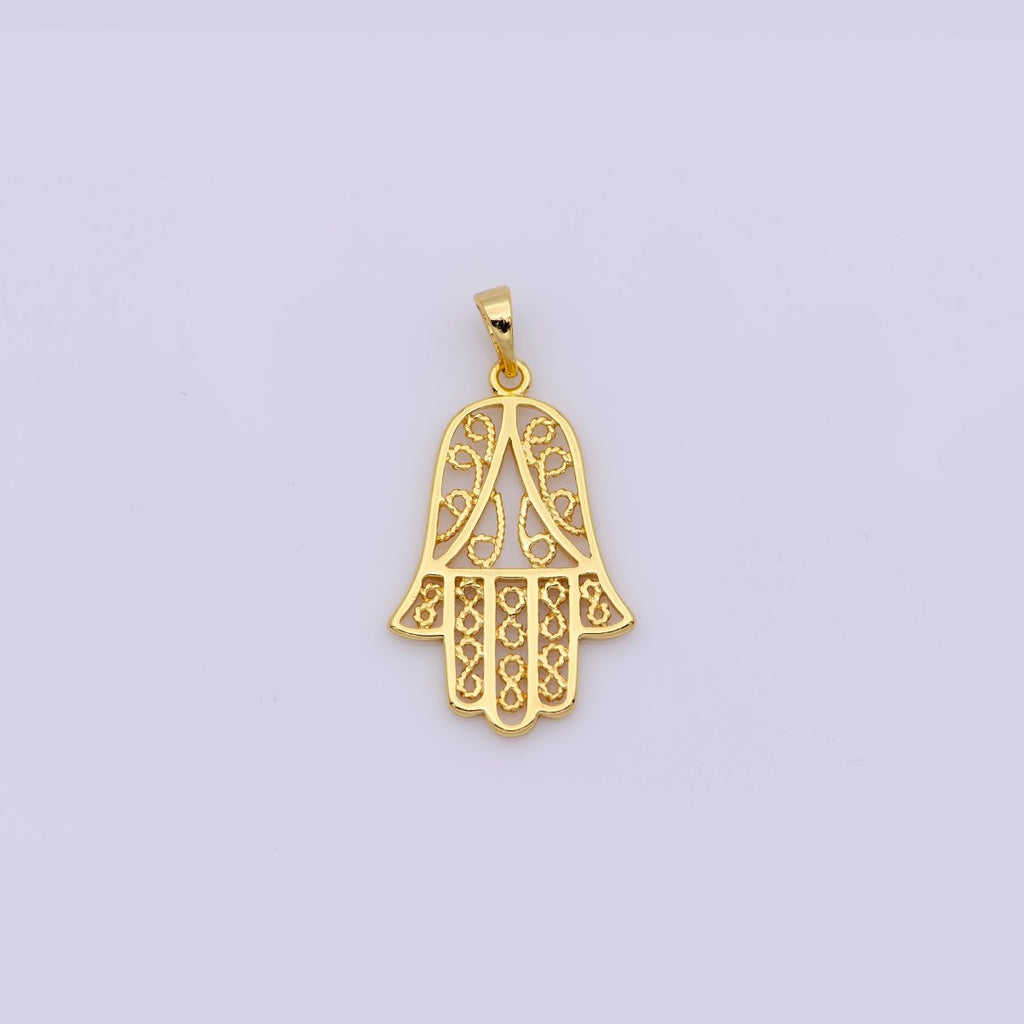 24K Gold plated Open Filigree Hamsa Hand Pendant | I679 - DLUXCA