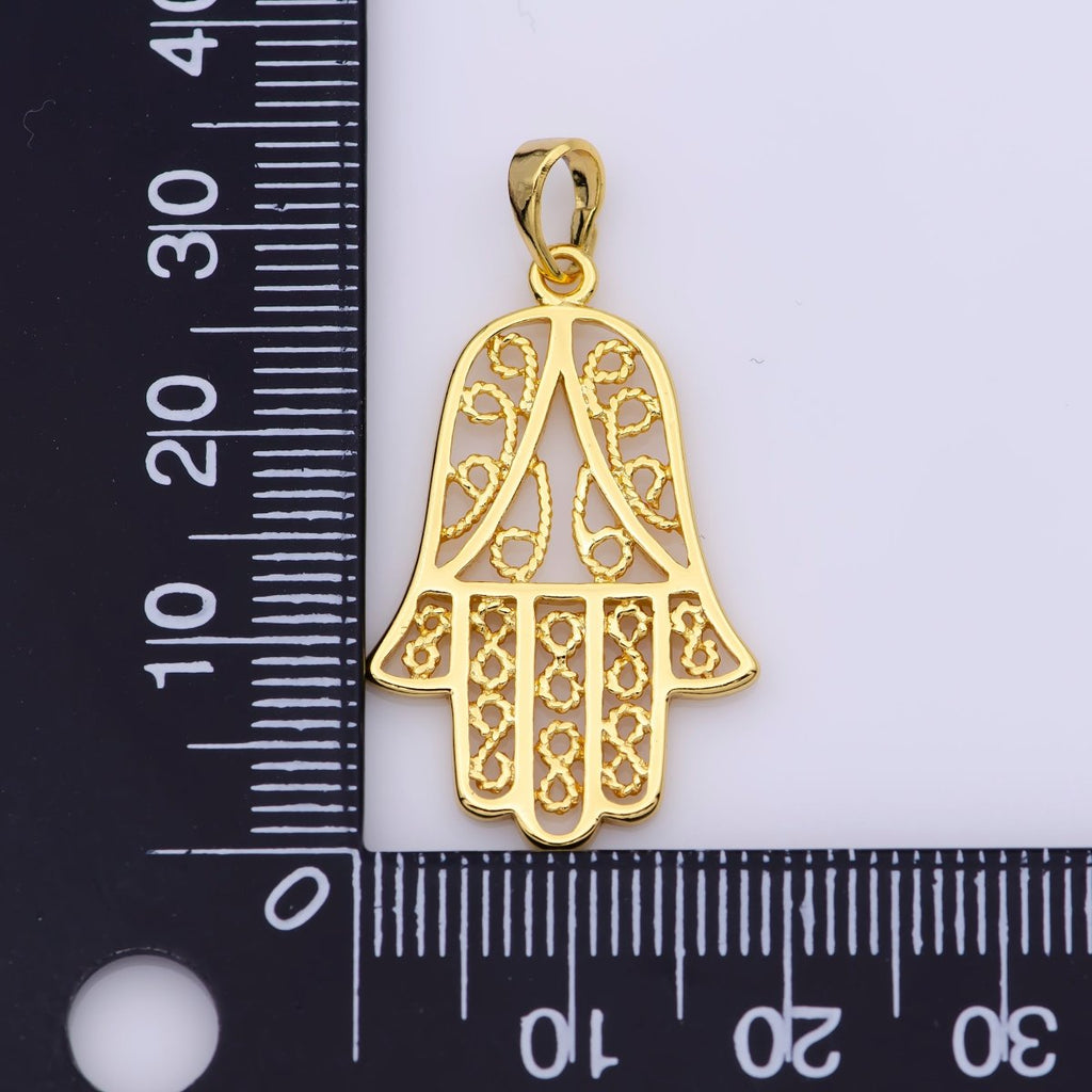 24K Gold plated Open Filigree Hamsa Hand Pendant | I679 - DLUXCA