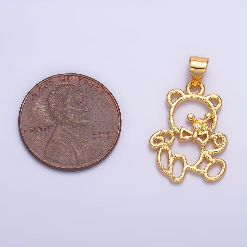 24K Gold plated Open Hammered Teddy Bear Animal Pendant | AA1057 - DLUXCA