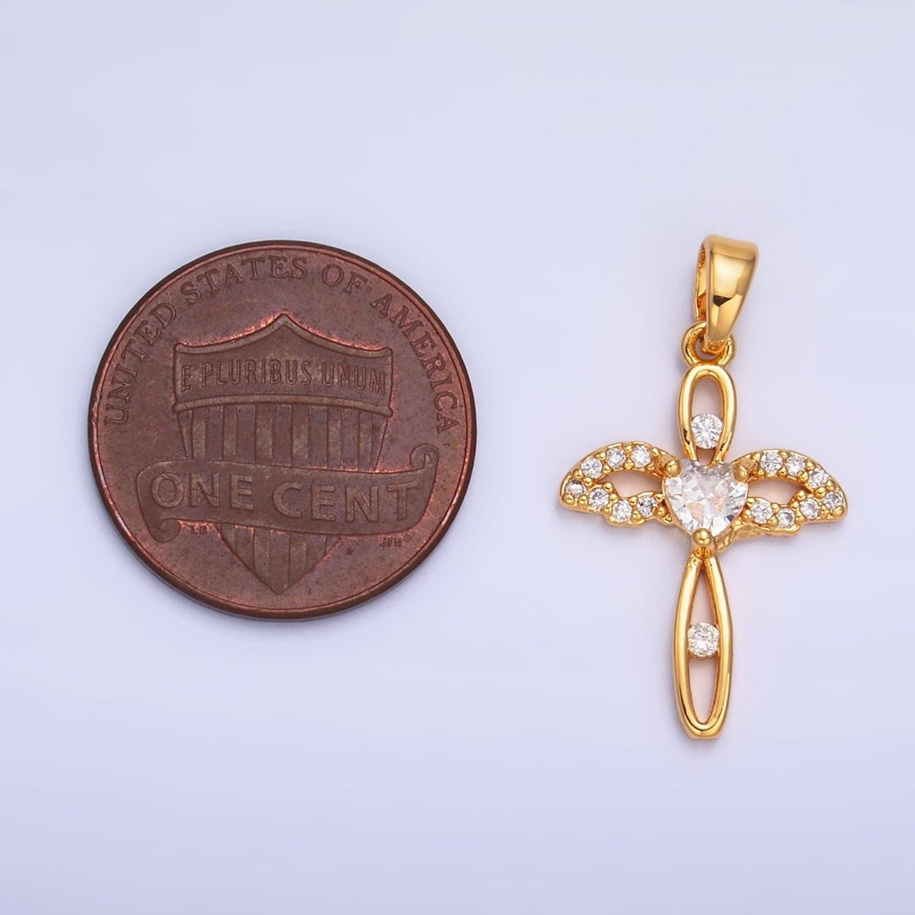 24K Gold plated Open Heart Wings Micro Paved CZ Cross Pendant | AA1074 - DLUXCA