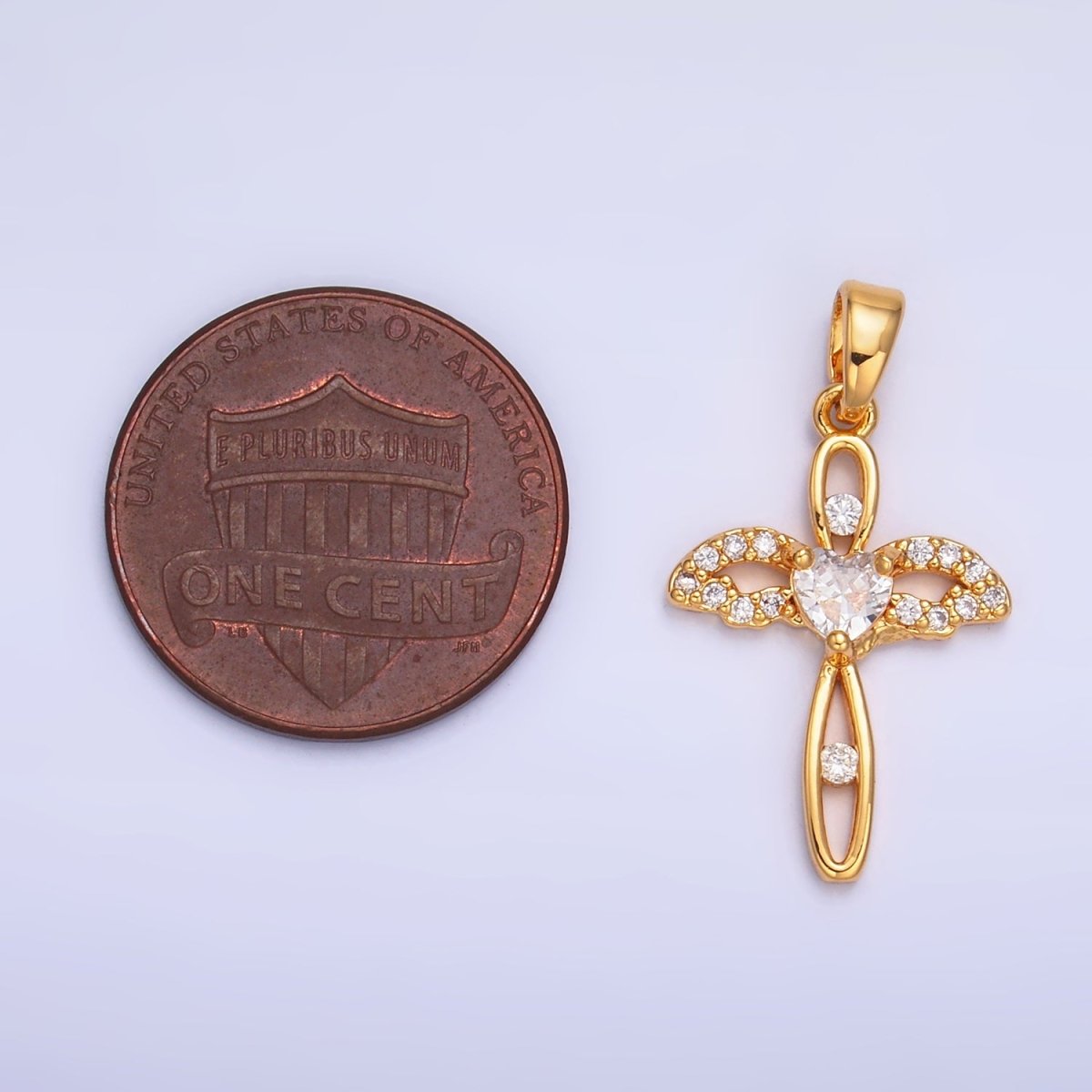 24K Gold plated Open Heart Wings Micro Paved CZ Cross Pendant | AA1074 - DLUXCA