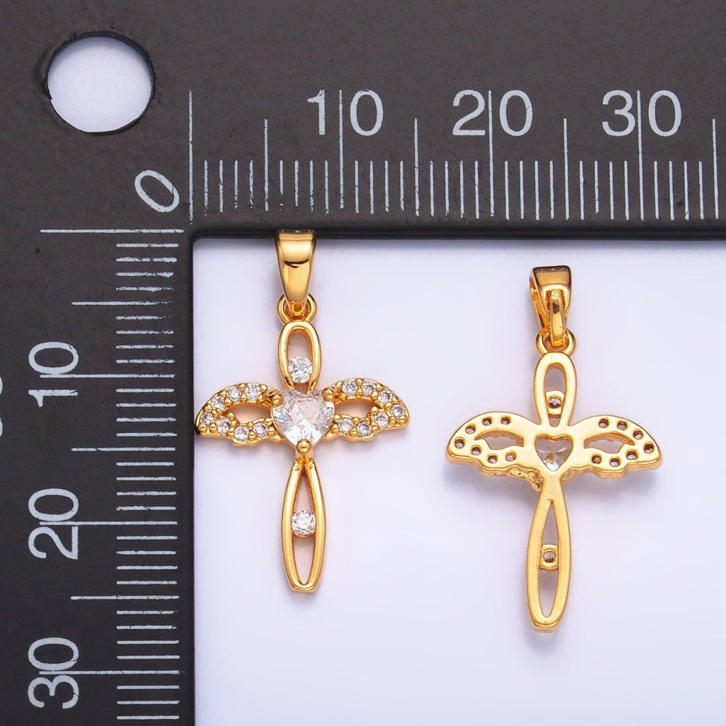 24K Gold plated Open Heart Wings Micro Paved CZ Cross Pendant | AA1074 - DLUXCA