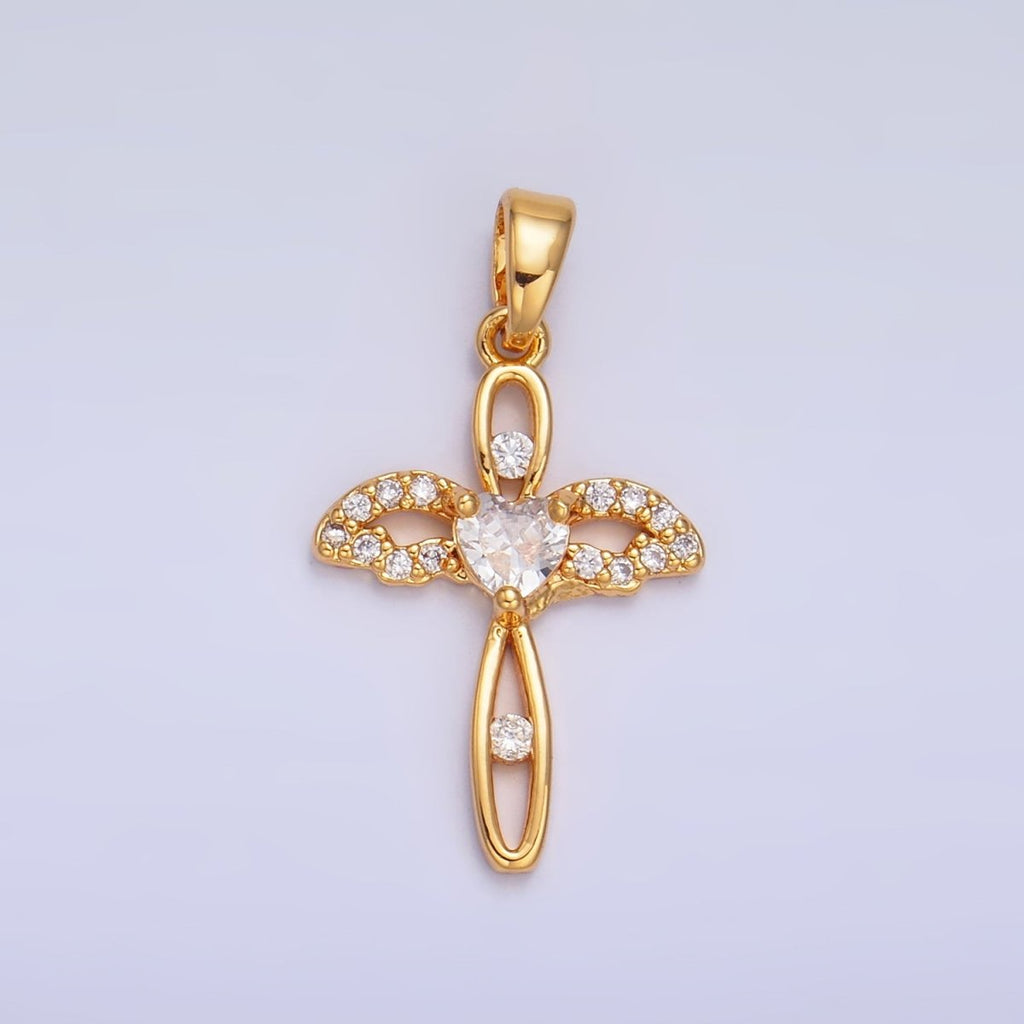 24K Gold plated Open Heart Wings Micro Paved CZ Cross Pendant | AA1074 - DLUXCA